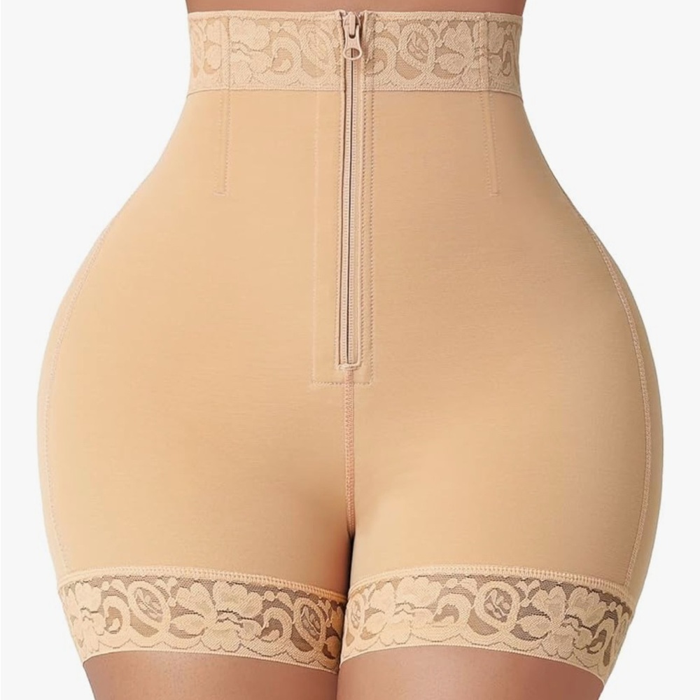High-Waisted Lace Trim Shapewear Shorts - Tan